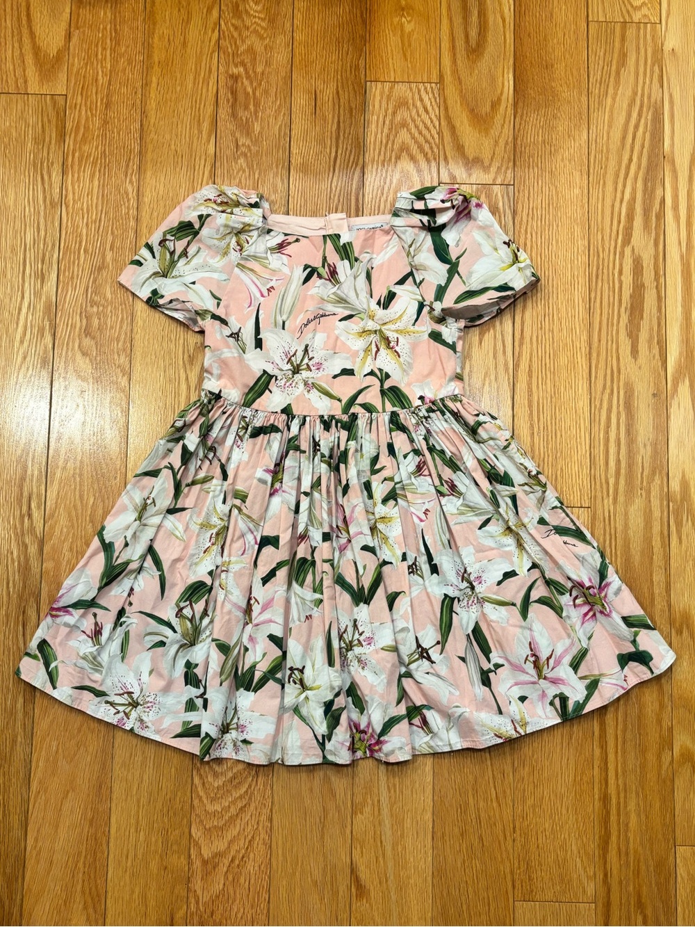 Dolce & Gabbana Pink Floral Puff-Sleeve Kids Dress